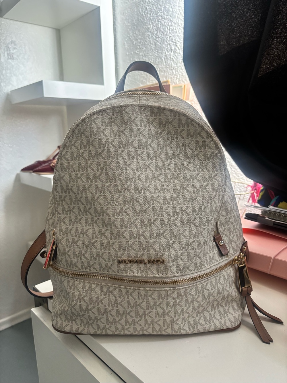 Michael Kors Light Beige Backpack with Brown Trim and Gold Hardware